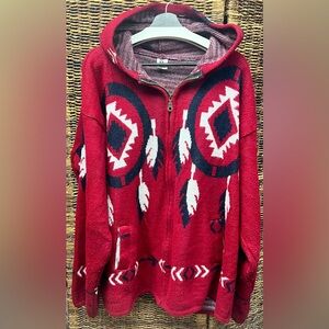 Incaico-‎ Vibrant Red/Black/White Zip-Up Sweater with Feather Design- XLarge
